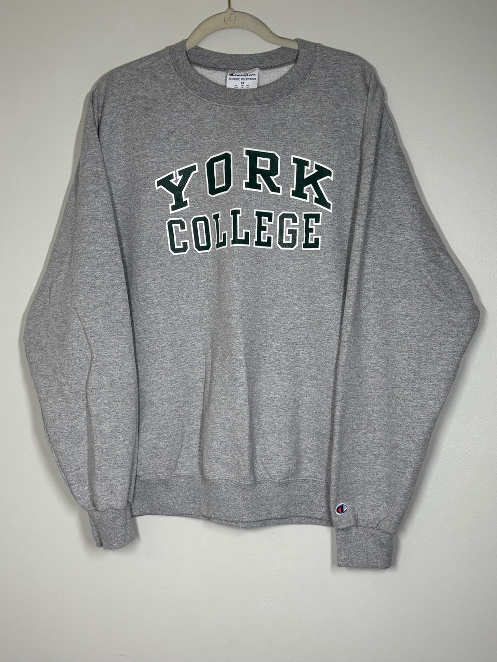 Champion Gray Crewneck Sweatshirt with Green & White York College Print